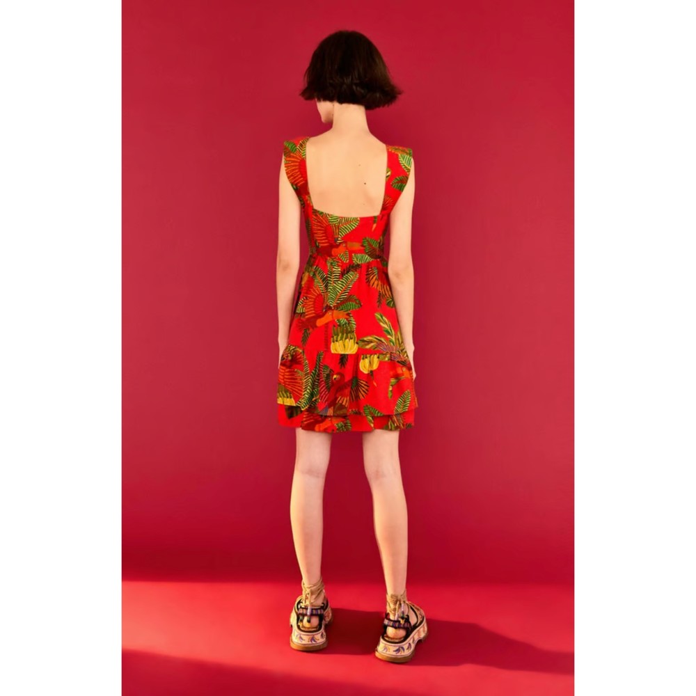 Farm Rio Red Forest Birds Mini Dress M Red Linen Blend Birds Tiered Hem Pockets - Picture 5 of 9
